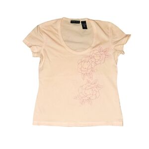 New York & Co Short Crop Sleeve U-Neck Tee with Embroidery & Bead Design 844